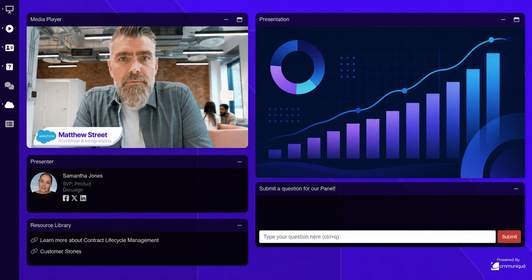 Branded webinar audience console with video, presentation, resources, and Q&A