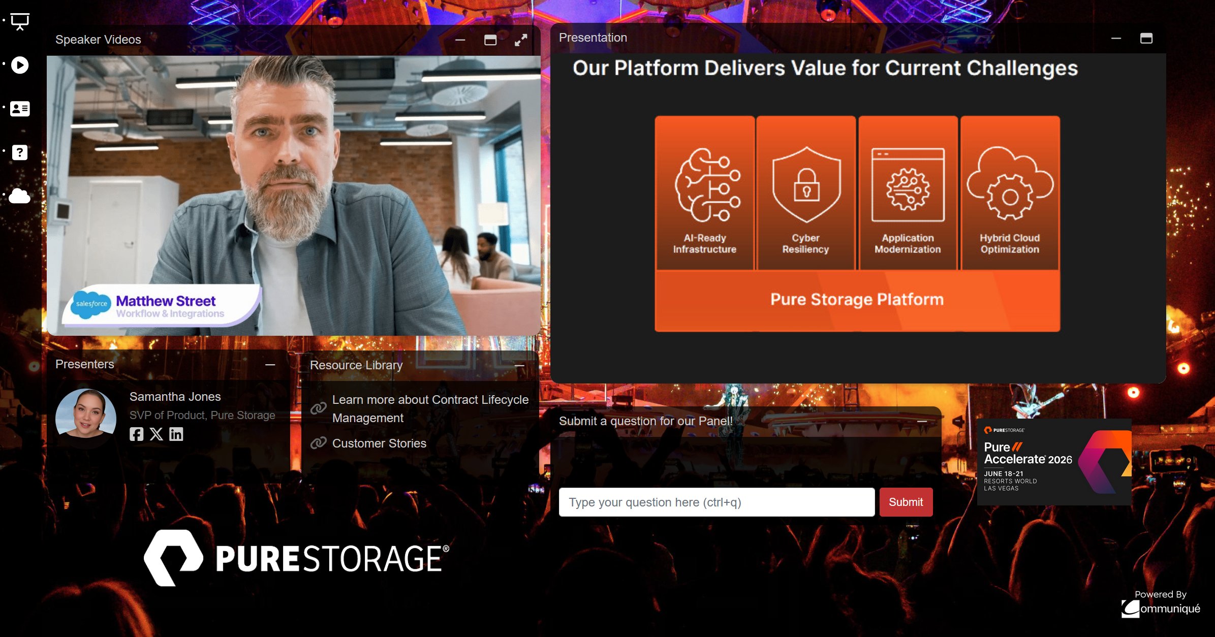 Branded webinar audience console for Pure Storage with immersive custom background, speaker video, presentation, and Q&A panels