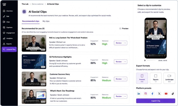 The post-webinar AI content agent turning a webinar recording into short-form highlight clips, an AI-enriched transcript, and an interactive attendee experience